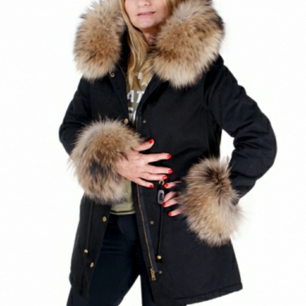 Raccoon Fur Collar Cuff Long Parka Jacket